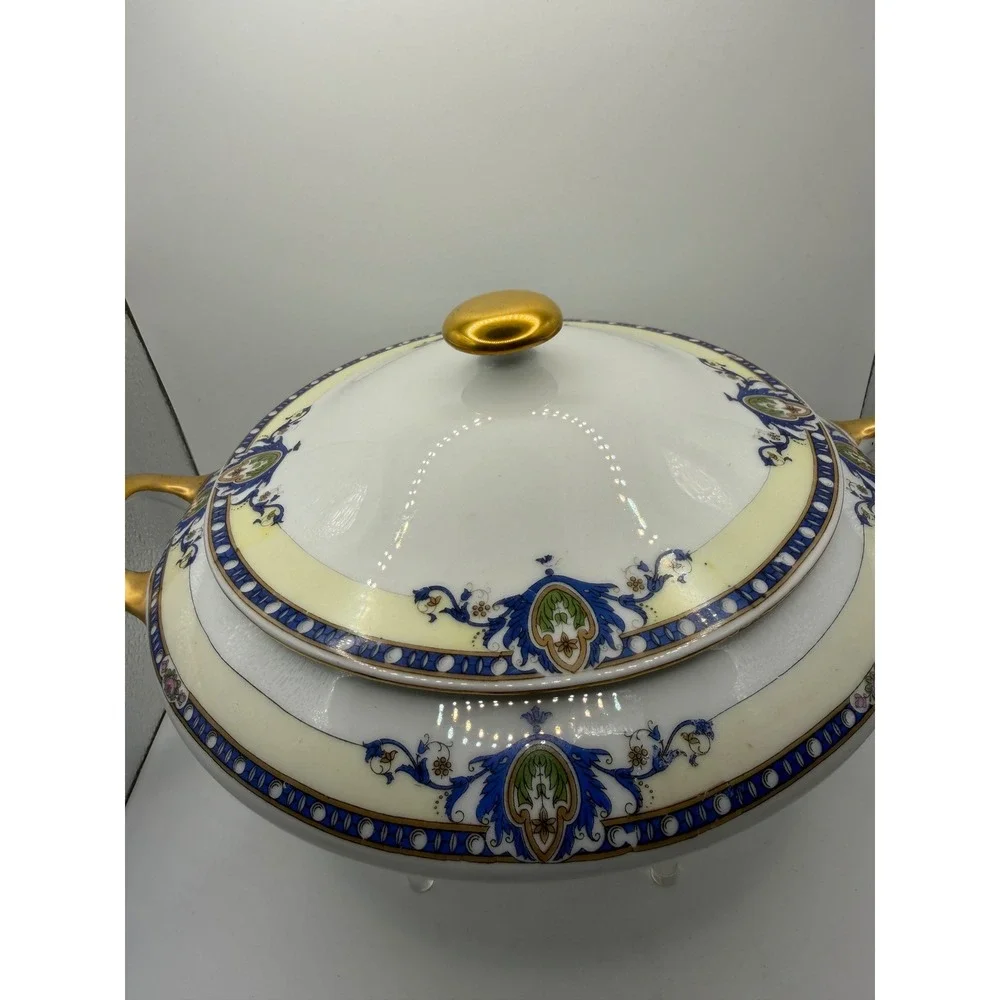 Victoria Czecho-Slovakia Porcelain Lidded Tureen Gold Gilt BlueCream ServingBowl